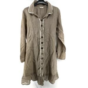 Jean D'arc Living Clothing JDL Tan Linen Dress Ruffle Bottom Button Up Medium